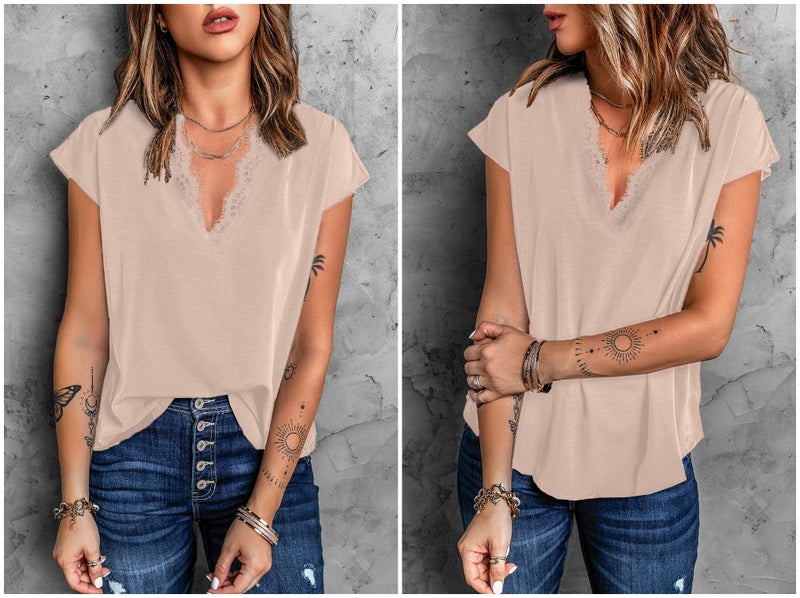 lime flare Women Sexy Summer Lace Trim Satin T Shirts Tops Dressy Silk V Neck Tank Tee Shirt (Small,Apricot Eyelash Lace Short Sleeve) - Image 3